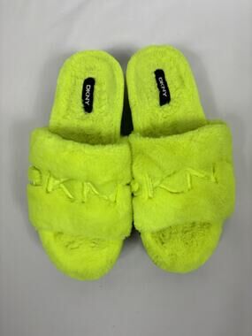 DKNY Faux Fur Platform Slides Citron Flourscent Yellow 8.5 Flatforms